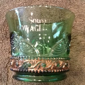 Tasse Glas Smaragd Grün Gold EAPG Souvenir Dowagiac Michigan Vintage - Bild 1 von 9