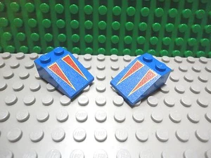 Lego 2 Blue 3x2 slope printed with red triangle stripes - Picture 1 of 1