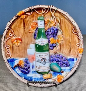 Vintage 3D Decorative Plate Wine Bottle Grapes Fruit Wall Plate Morcom 1995 - Picture 1 of 7