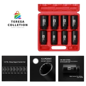 8PCS 1/2" Drive Deep Spindle Axle Nut Impact Socket Set, CR-MO, 12 Point, Met... - Picture 1 of 8