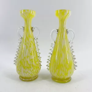 Par de jarrones victorianos Franz Welz amarillo limón blanco salpicaduras de vidrio Checoslovaquia - Imagen 1 de 9