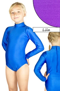 Kids Leotard Long Sleeve Collared Zip Bodysuit Purple Stretch Shiny Leotard - Picture 1 of 1