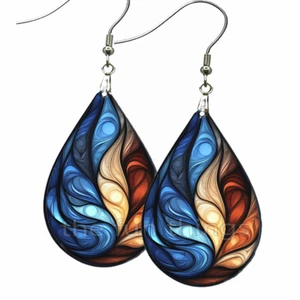 Fractal Art Swirls Dangle Earrings Teardrop NO TARNISH Wood Handmade Unique Gift - Picture 1 of 8