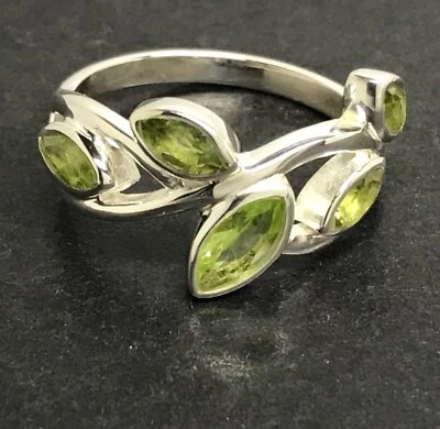 Peridot gemstone multistone ring, solid Sterling Silver, leaves, new, marquise. Foto 1 de 4