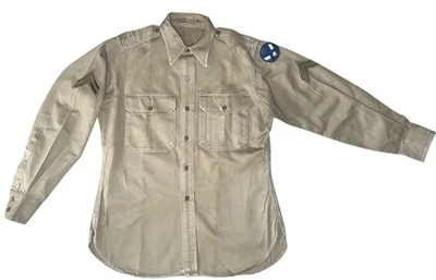 Vtg Military US Army XV Corps Patch Khaki Cotton Twill Uniform Shirt Sanforized - Image 1 of 4