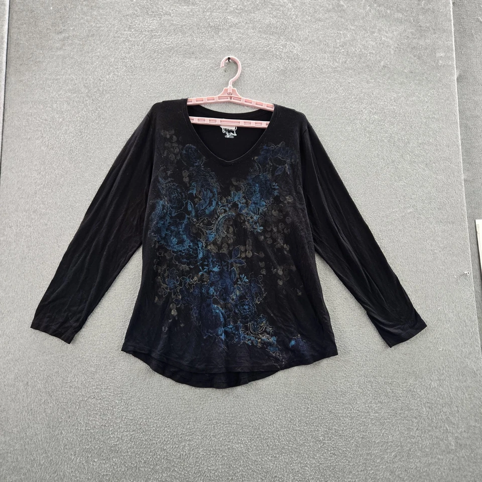 Just My Size Women Shirt 2X Black Floral Scoop Neck Pullover - Image 1 of 4