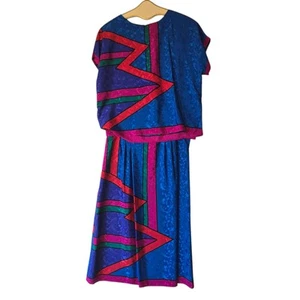 Vintage 80s 2 Piece Geometric Print Top & Culottes Set Abstract Women’s Size 16 - Picture 1 of 10