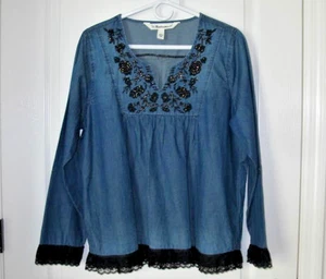Tantrums Boho Beaded Blue Chambray Denim TOP Blk Lace Hem Long Sleeve Sz L - Picture 1 of 14