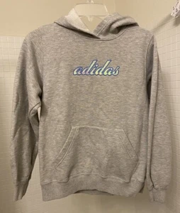 Y2K Retro Grey Adidas Girls Youth Kids Large Hoodie Rainbow Foil letters Logo - Picture 1 of 8