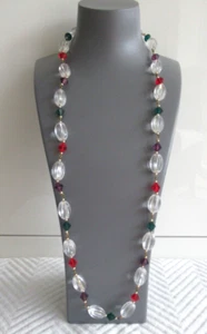 Vintage Long Acrylic Christmas Necklace with clear & multicolor beads 32" L - Picture 1 of 7