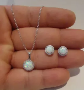 925 STERLING SILVER EARRING & NECKLACE PENDANT SET W/ 4 CTS OPAL & ACCENTS - Picture 1 of 7