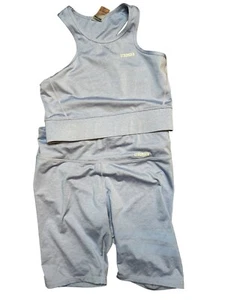 Stronger Baby Blue Sports Bra & Biker Shorts Set Workout Gym Bike Run L - Picture 1 of 10