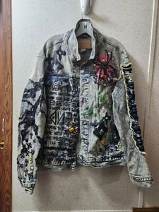 Smoke Rise Graffiti Denim Jacket L Sheffield Embroidered Paint Goth Grunge Clean - Picture 1 of 11