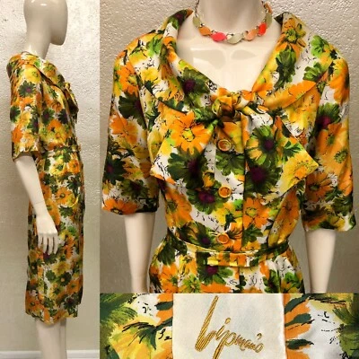Vestido de satén floral verde amarillo naranja LIPMANS para dama de 1960 con cinturón a juego Foto 1 de 3