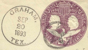 "Graham TEX SEP 20 STAR in CIRCLE Fancy Cancel 2 Cent Columbian 1893 US 41-9 - Picture 1 of 2