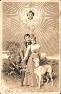 Chromo-litho Postmark 1901; Lovers in Garden with Great Dane; Embossed, Exc - Picture 1 of 2
