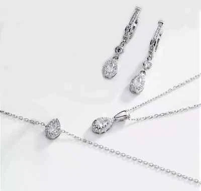 Juego de pendientes pulsera collar enchapado en oro blanco de 14K pera diamante creado en laboratorio Foto 1 de 4