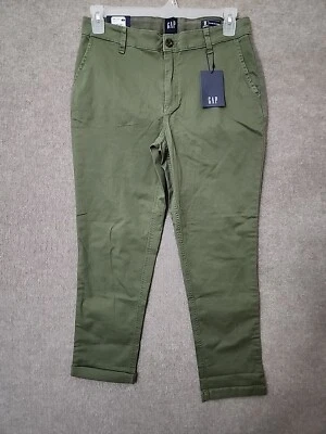GAP Relaxed Girlfriend Chino Pants Womens 8 Olive Green Cuffed Stretch NEW - Image 1 of 4