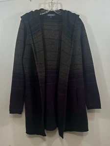 Toad & Co Lambswool Heartfelt Hoodie Open Sweater Brown Purple Stripe Sz. Medium - Picture 1 of 6