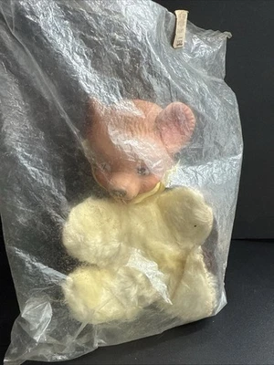 Vintage Rubber Face Teddy Bear 7.5” Brown/Yellow • Sealed Bag • Mid-Century Toy - Image 1 of 4