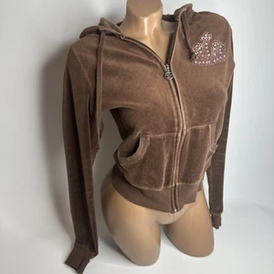 T Party Brown Velour Rhinestone Crown Hoodie M Y2K Juicy McBling Zip Jacket - Picture 1 of 17