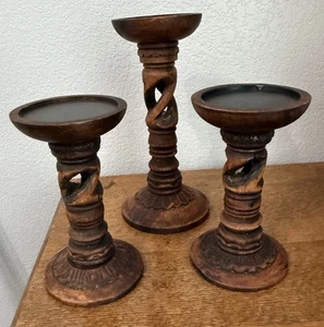 Set Of 3 World Market Wooden Carved Pillar Candle Holders - Picture 1 of 7