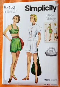 Simplicity 3150 Vintage Retro 1940s Bra Jacket Shorts Pattern 2825 Reissue 14-22 - Picture 1 of 7