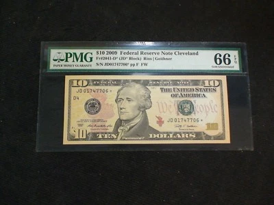 2009 Ten Dollar Fed Res STAR Note PMG GEM UNC 66 EPQ CLEVELAND $10 BILL - Image 1 of 4