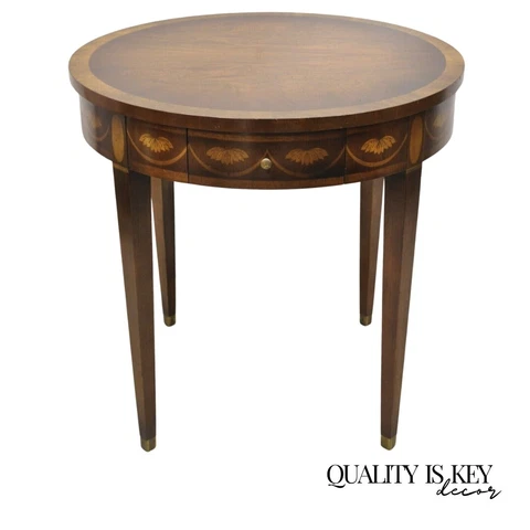 Federal Style Round Banded Mahogany Inlaid Accent Table 2 Drawers 2 Pull Outs Cover