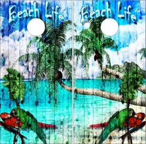 Beach Parrot Palm Trees Wood Cornhole Wrap Bag Toss Skin Decal Sticker Wraps - Picture 1 of 1