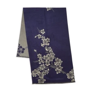 NEW Saachi Floral Reversible Scarf Blossom Royal Blue Grey Fringe Trim - Picture 1 of 3
