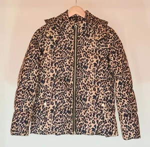 Brown Leopard Print Detachable Hood Short Puffer Jacket XXS J CREW - Picture 1 of 13