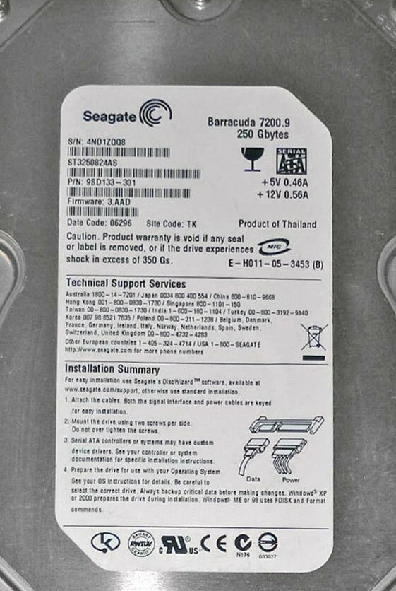 Seagate BarraCuda 250GB 7200RPM SATA 3Gbps 3.5" LFF Hard Disk Drive ST3250824AS - Image 1 of 1