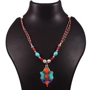 Turquoise, Coral gemstone tibetan 925 sterling silver necklace jewelry 18 inch - Picture 1 of 6