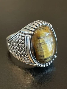 Tiger Eye Stone S925 Silver Plated Men Women Statement Ring Size 8 - Picture 1 of 9