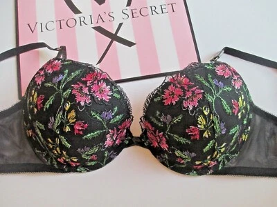 VICTORIA'S SECRET очень сексуальный бюстгальтер пуш-ап против черной сетки цветочный 34D 36B 36C 38B - Изображение 1 из 4