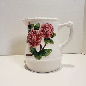 KK Ceramics Majolica Vintage Pitcher Embossed Rose Stem and Leaves Design 6" - Picture 1 of 10