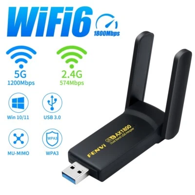 WiFi 6 USB Adapter for PC AX1800Mbps Dual Band 2.4G/5GHz USB3.0 Wireless Network - Image 1 of 4