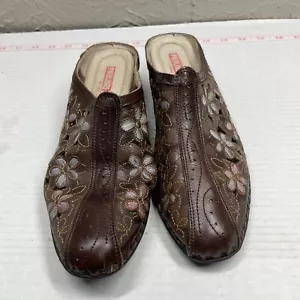 Pikolinos Size 37 US8 Women’s Brown Leather Slip On Mule Slide Shoe Floral Cut - Picture 1 of 6