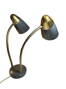Vintage Mid-Century Modern Double Gooseneck Desk Table Lamp ATOMIC Gold Brass - Picture 1 of 17