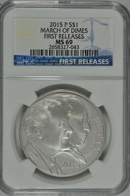 2015 P March of Dimes Uncirculated Silver Dollar NGC MS69 First Releases - Image 1 of 2