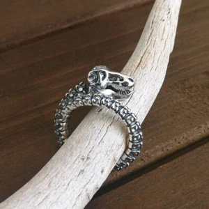 925 Sterling Silver Detailed Dinosaur Skeleton Wrap Ring Adjustable Unique Gift - Picture 1 of 9