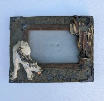 Western Horse Picture Frame 3D Tired Horse Tongue Out & Saddle Tabletop *Flaw - Image 1 of 4