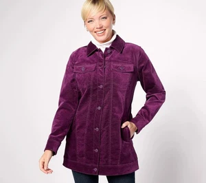 Denim & Co. Giacca lunga regolare in velluto elasticizzato vino profondo taglia M A623550 - Foto 1 di 5