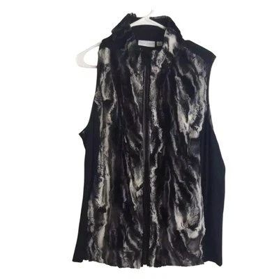 Susan Graver Vest Women's Gray Black Faux Fur Zip Stretch Long 1X With Pockets - Image 1 of 4