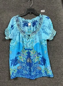 Bila Bohemian Vibes halbtransparente Bauernbluse Damen Größe XL Blau Kurzarm  - Bild 1 von 7