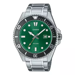 Casio Herren Silber Edelstahl Armband Grün Hulk Zifferblatt Uhr MDV-107D-3A2VDF - Bild 1 von 1