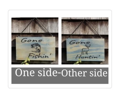 Letrero exterior madera manchada de doble cara pesca caza desaparecida hecho a mano Foto 1 de 4