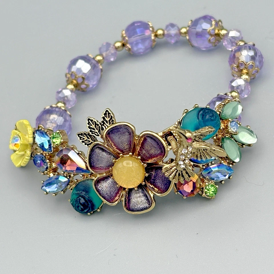 Betsey Johnson Hummingbird Flower Bracelet 7" Spring Ahead Trembler Vintage - Image 1 of 4