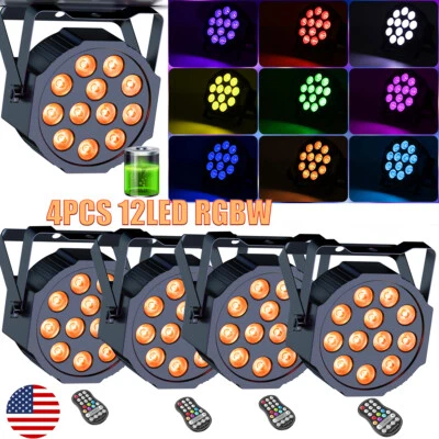 4Pcs RGBW 12 LEDs Stage Lighting PAR Light with Battery DMX Beam DJ Show Lights - Image 1 of 4